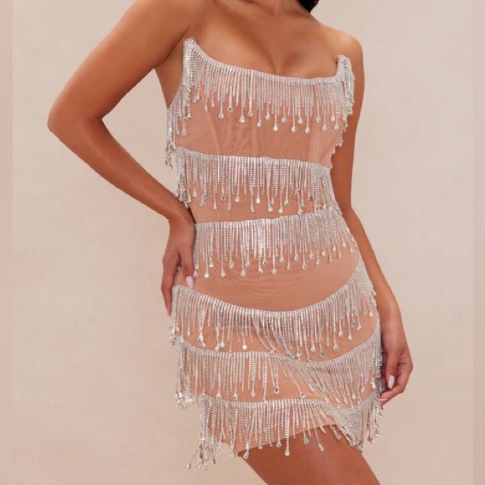 NWOTS Fashion Nova Lydia Embellished Mesh Mini Dress - Nude Size XS